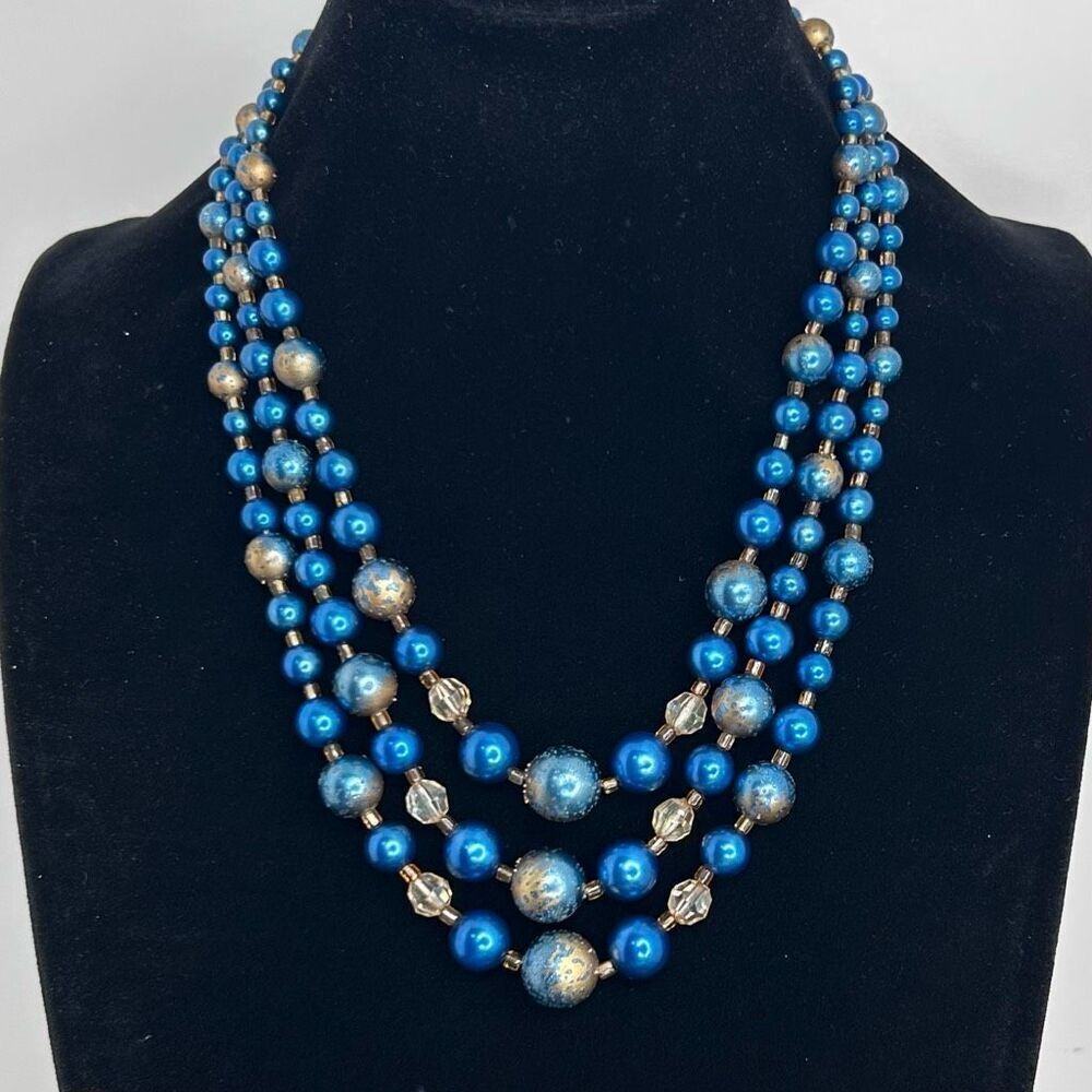 Vtg Japan Triple Strand Beaded Necklace Blue Gold Graduated Textured Beads